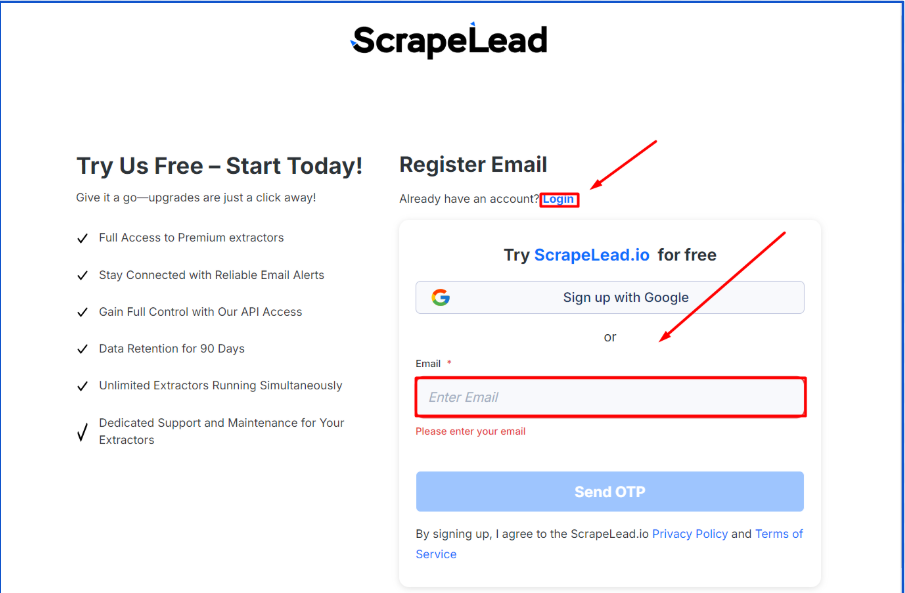 NEXT, create a ScrapeLead account