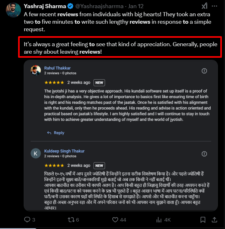 Yashraj Showcasing Customer Reviews on X