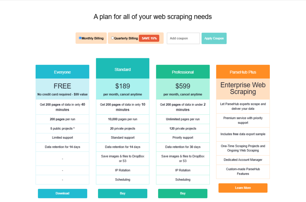 parsehub pricing