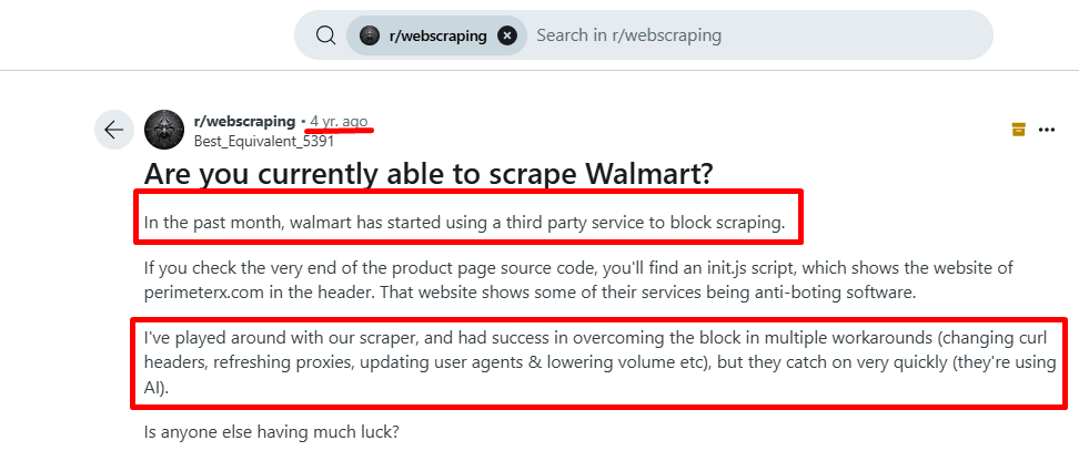 walmart using a third party service to block scraping