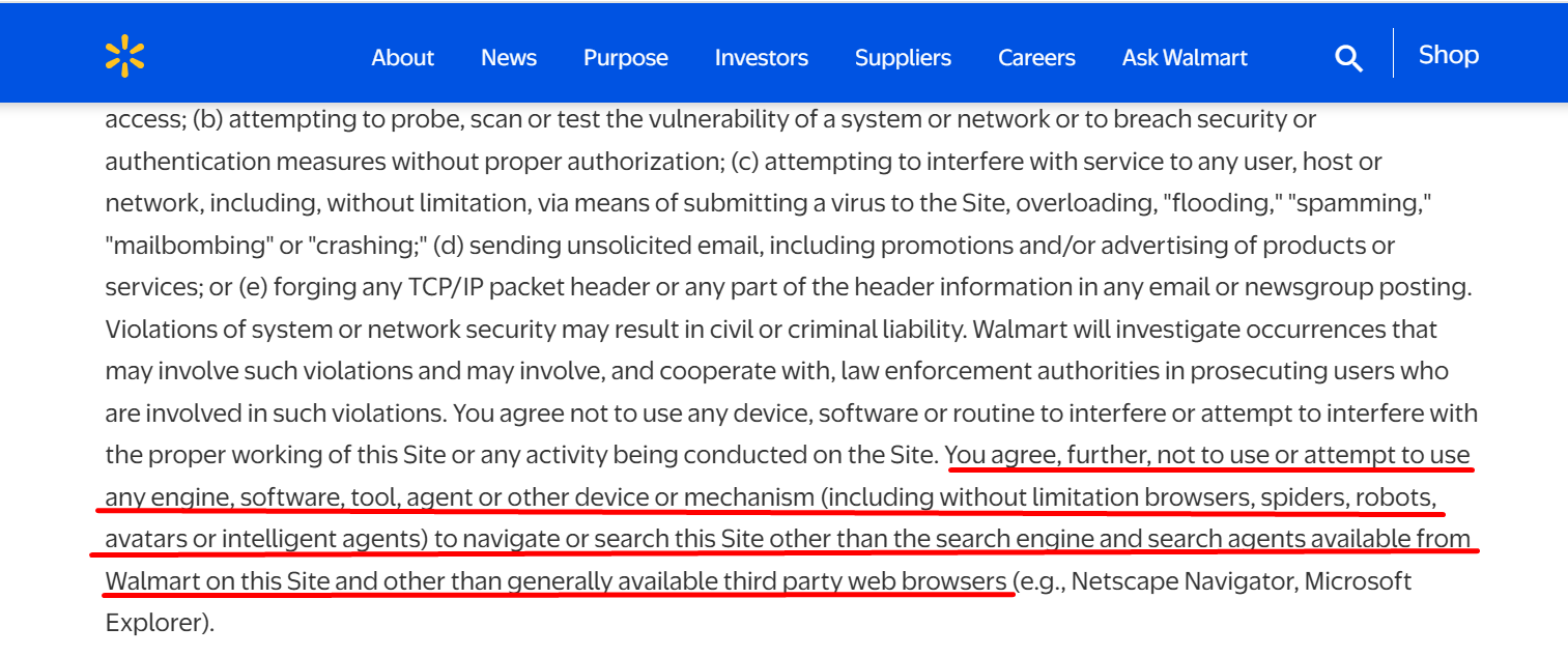 walmarts terms of service on scraping