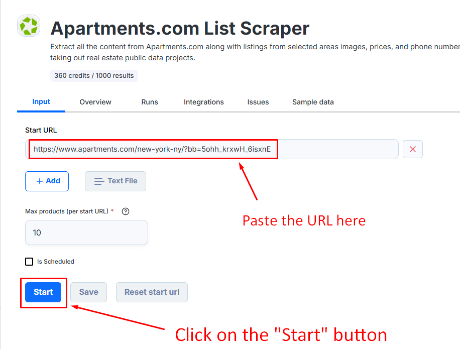 paste the url and click on start button